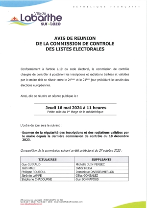 Avis de réunion de la commission de contrôle des listes électorales