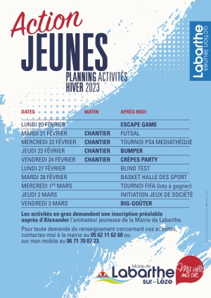 Actions jeunes - planning activités hiver 2023