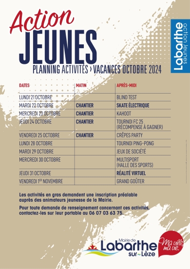 ACTION JEUNES – PLANNING VACANCES D’OCTOBRE 2024