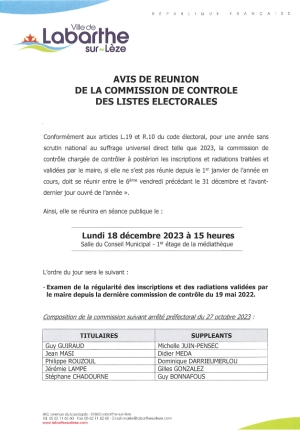 Avis de réunion de la commission de contrôle des listes électorales - lundi 18 décembre 2023 à 15h