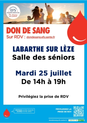 Don du sang - mardi 25 juillet de 14h à 19h - salle des séniors