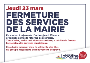 Mouvement d&#039;action contre la réforme des retraites jeudi 23 mars - Fermeture des services de la Mairie